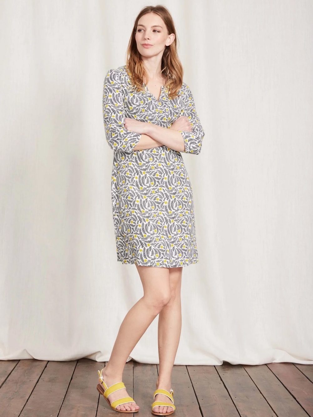 Boden 100% Linen Mini Shift Tunic Dress Size 8 Floral V Neck